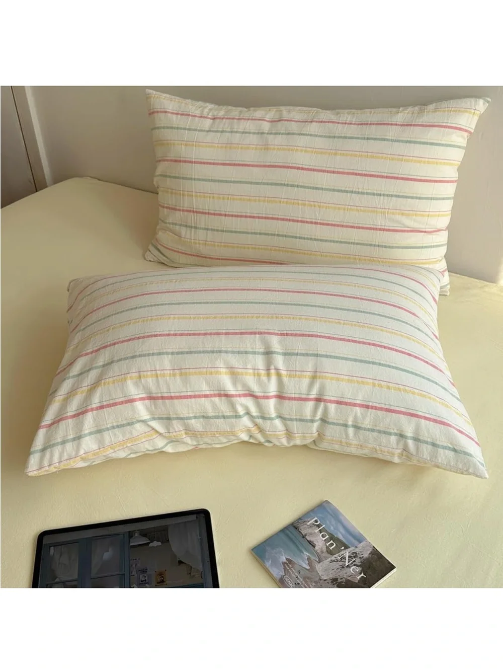 NEW Colorful 100% Cotton Striped Duvet Cover Pink Green Yellow, 3-Piece. Full